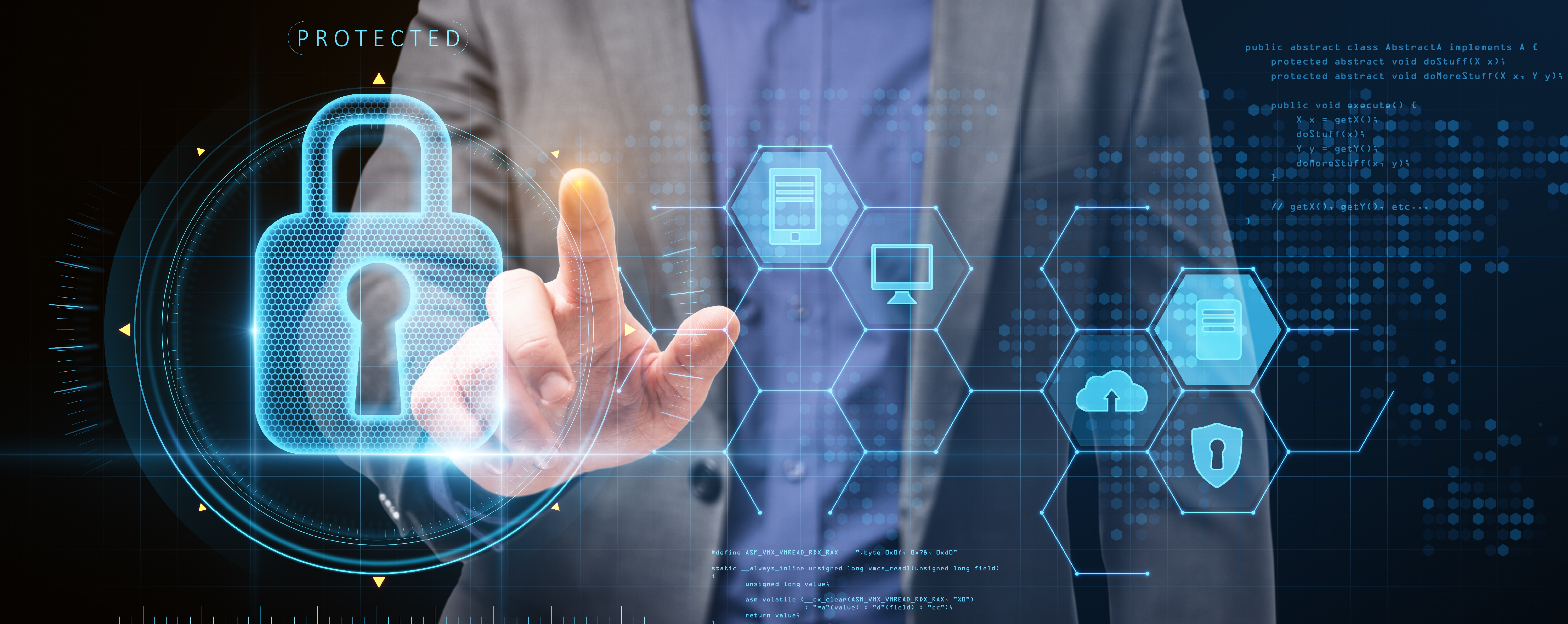 Business man using a futuristic touch-screen interface