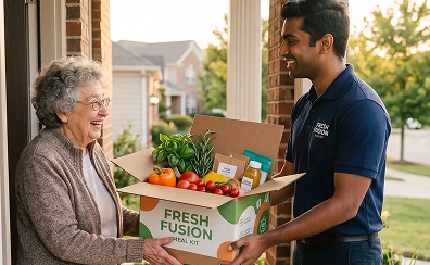 Delivery courier handing a fresh meal kit box to a smiling customer at her front door