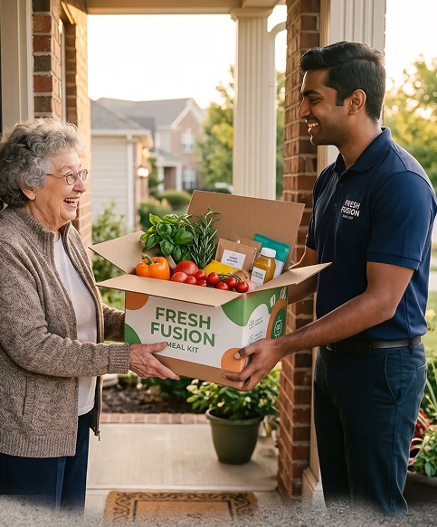 Delivery courier handing a fresh meal kit box to a smiling customer at her front door