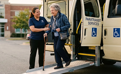 Paratransit driver assisting an elderly passenger with a cane down a wheelchair-accessible van ramp