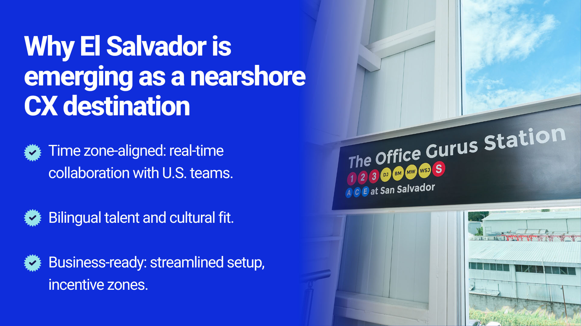 Photo of "The Office Gurus Station" signage inside a TOG El Salvador facility