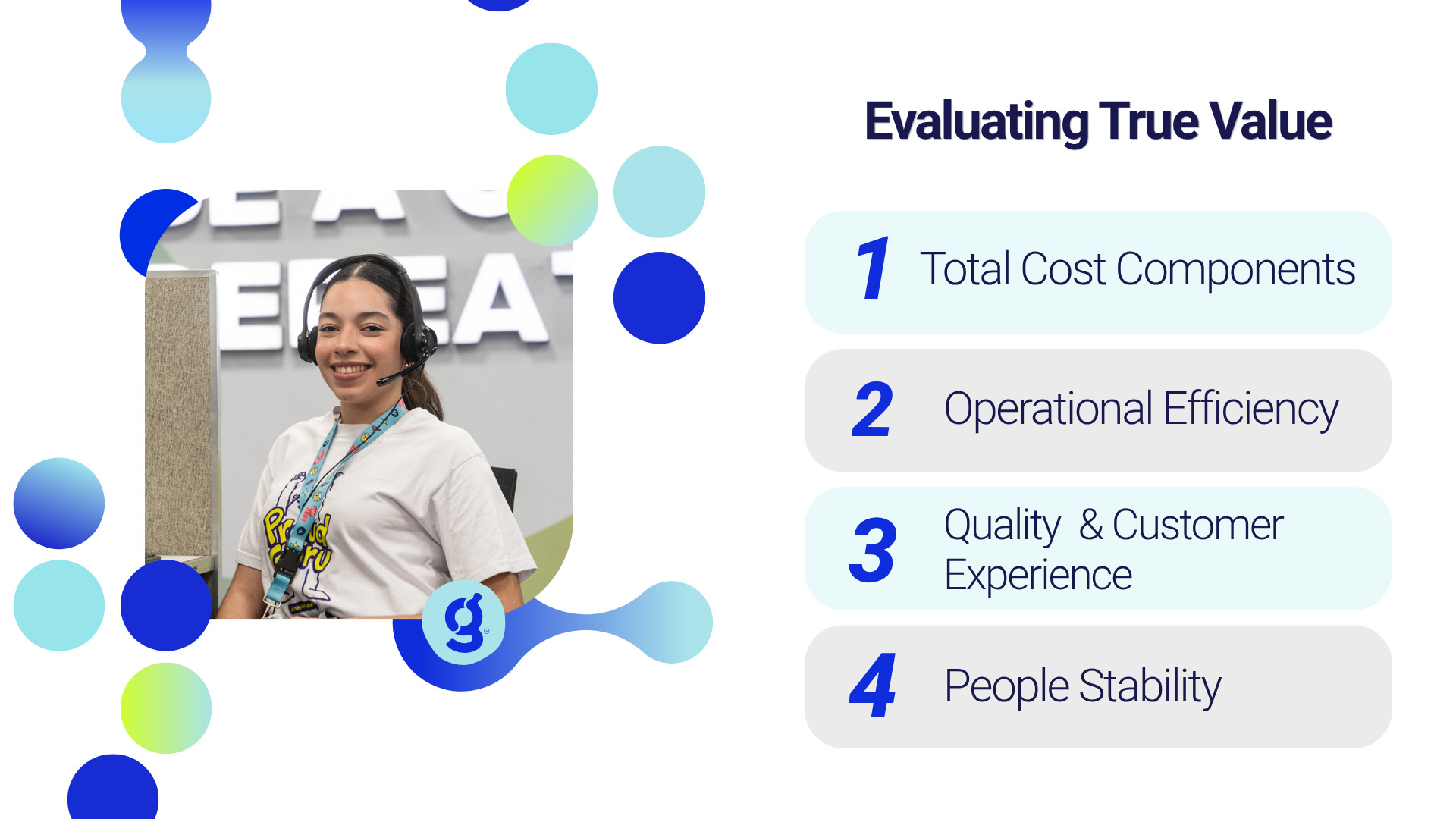 Contact center agent wearing a headset, next to a blue graphic with the title 'Evaluating True Value' and a numbered list
